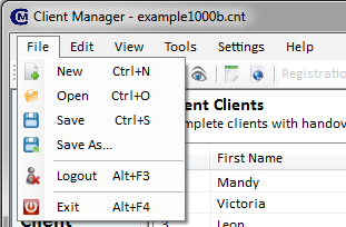Client Manager file menu.
